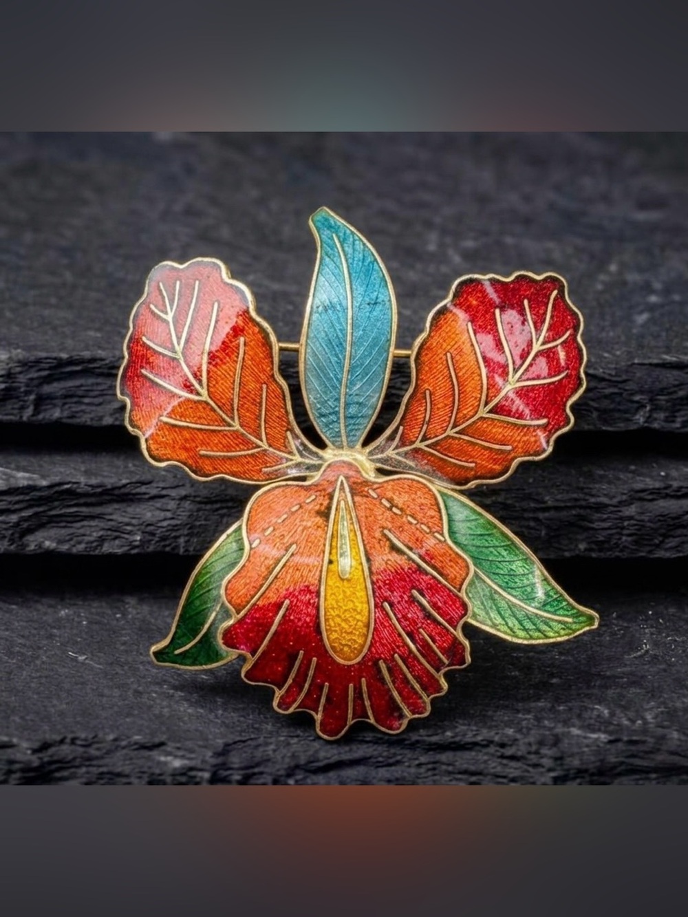 Vintage 80s Champleve Cloisonne Style Multicolor Orchid Flower Gold Tone Brooch